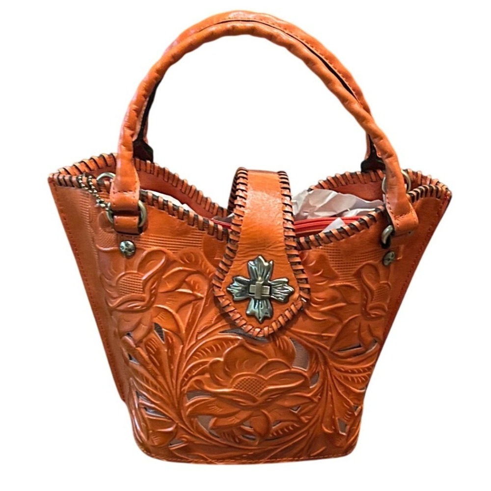 Patricia Nash Orange Tooled Leather Satchel